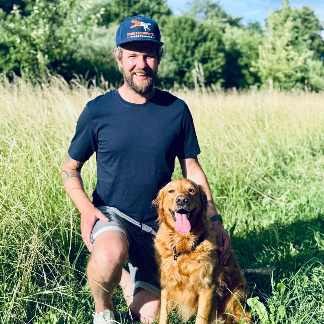 Mann im T-Shirt kniet neben einem lächelnden Golden Retriever in einer Wiese.